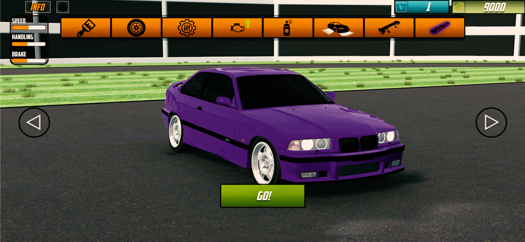 Drift Game : Driving Simulator - 보라색 차량과 다양한 업그레이드 아이콘이 특징인 Drift Ride Ultimate Racer의 차량 커스터마이징 화면