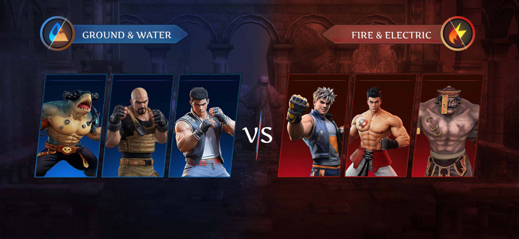 Legend Fighter: Mortal Battle - Una pantalla de versus en Legend Fighter Mortal Battle mostrando dos equipos con atributos de Tierra y Agua contra Fuego y Eléctrico