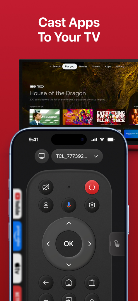 TCL Remote Control: Home & TV - Smartphone displaying a digital remote interface for a TCL TV with the text Cast Apps To Your TV above it.