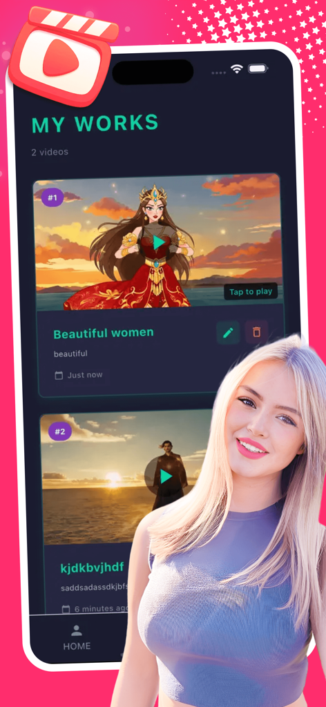 La pantalla Mis Obras de la aplicación Cocil mostrando una lista de clips de animación generados por IA con un creador en primer plano.