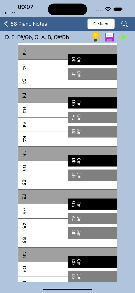 Music Notes Helper - A vertical virtual piano keyboard in the Music Notes Helper app displaying the notes for the D Major scale.