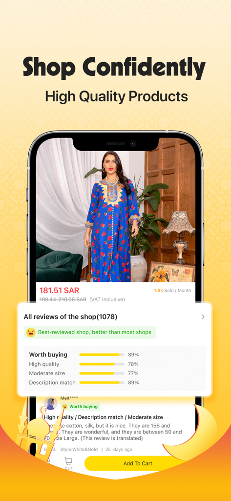 Interfaccia dell'app mobile per lo shopping Fordeal che mostra recensioni dei clienti e un abito fantasia blu