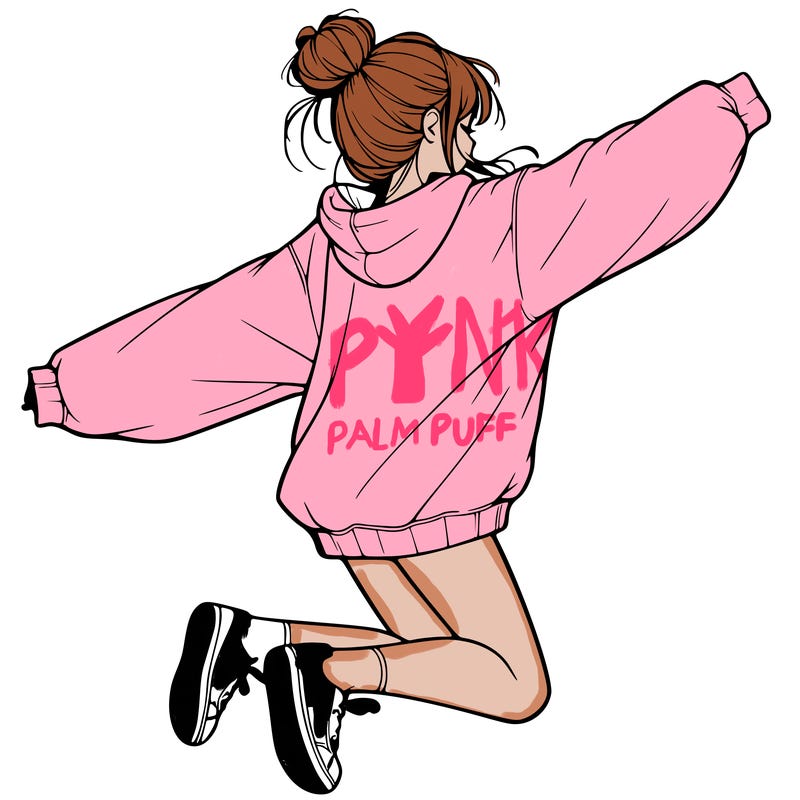 realistic girl jumping with a bun and oversized sweatshirt