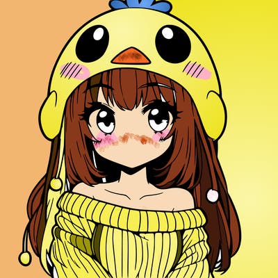 anime girl with chick shaped hat with sweater with bare shoulders with bangs covering them one eye with low tail