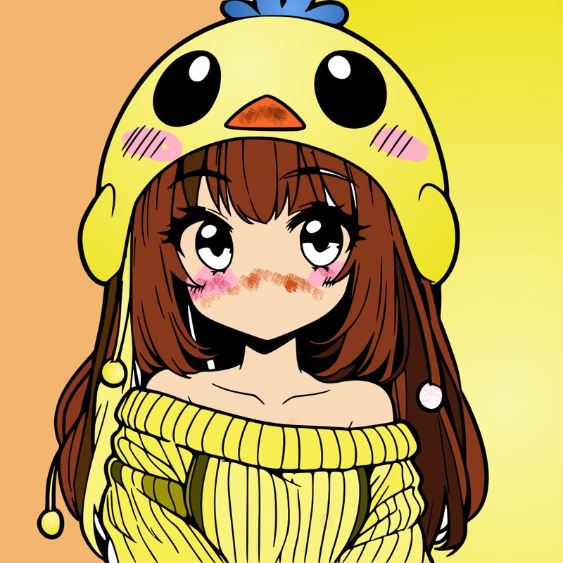 anime girl with chick shaped hat with sweater with bare shoulders with bangs covering them one eye with low tail