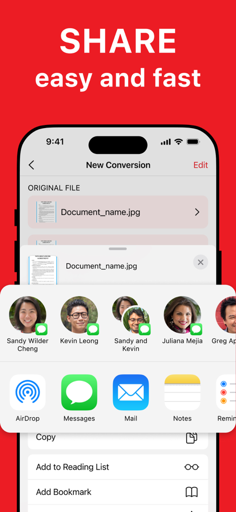 PDF Converter & PDF Makerㅤ - A smartphone screen showcasing the easy and fast sharing options for a converted PDF file.