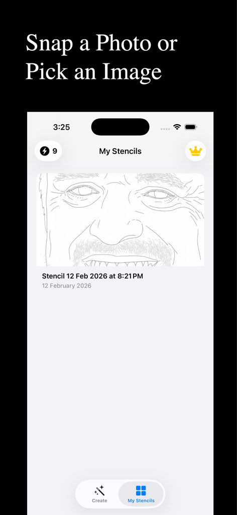 Stencil AI : Tattoo AI - Eine mobile Benutzeroberfläche der Stencil AI App, die eine gespeicherte Tattoo-Schablone zeigt, die aus einem Gesichtsporträt erstellt wurde.