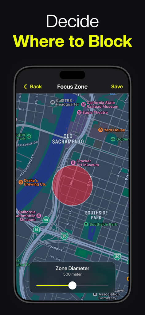 Screen Time Control: FocusMate - FocusMate app showing a map interface to set a focus zone for blocking apps based on location