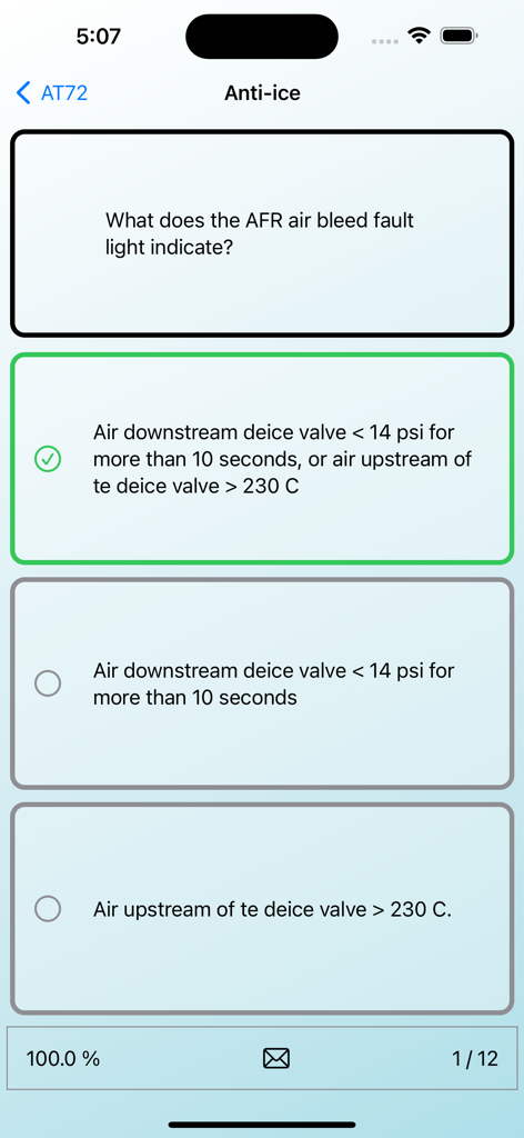 Screenshot of a multiple-choice aviation quiz question about ATR anti-ice systems with the correct answer selected
