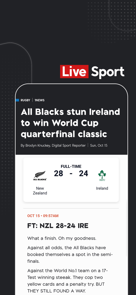 1NEWS - 1NEWS app interface showing a live rugby score between New Zealand and Ireland