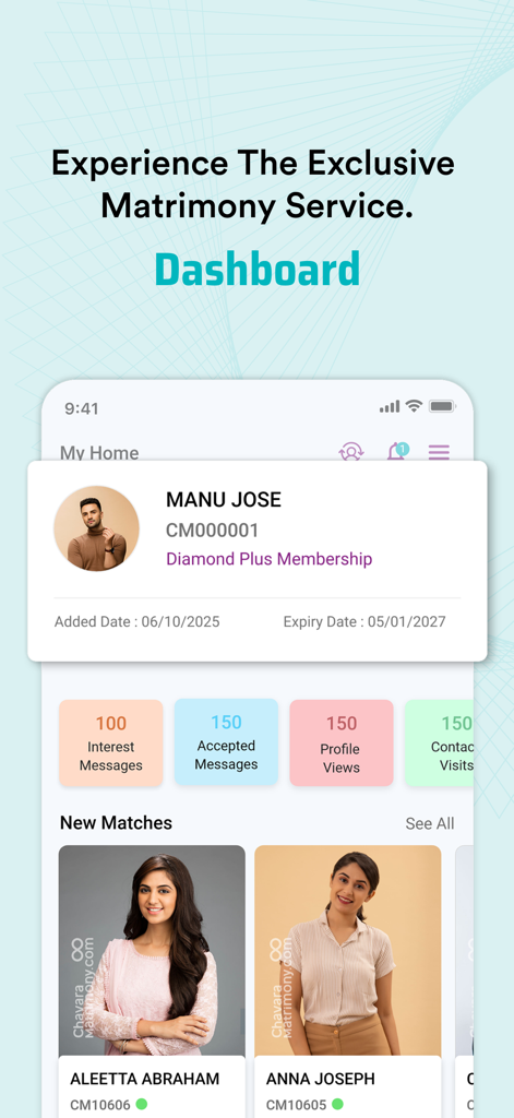 Chavara Christian Matrimony - Chavara Christian Matrimonyアプリのダッシュボードに、ユーザープロフィールの詳細、統計、潜在的なマッチが表示される
