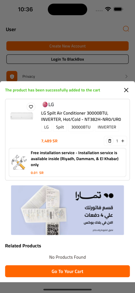 Tela de confirmação do aplicativo Black Box mostrando um ar condicionado LG adicionado com sucesso ao carrinho de compras