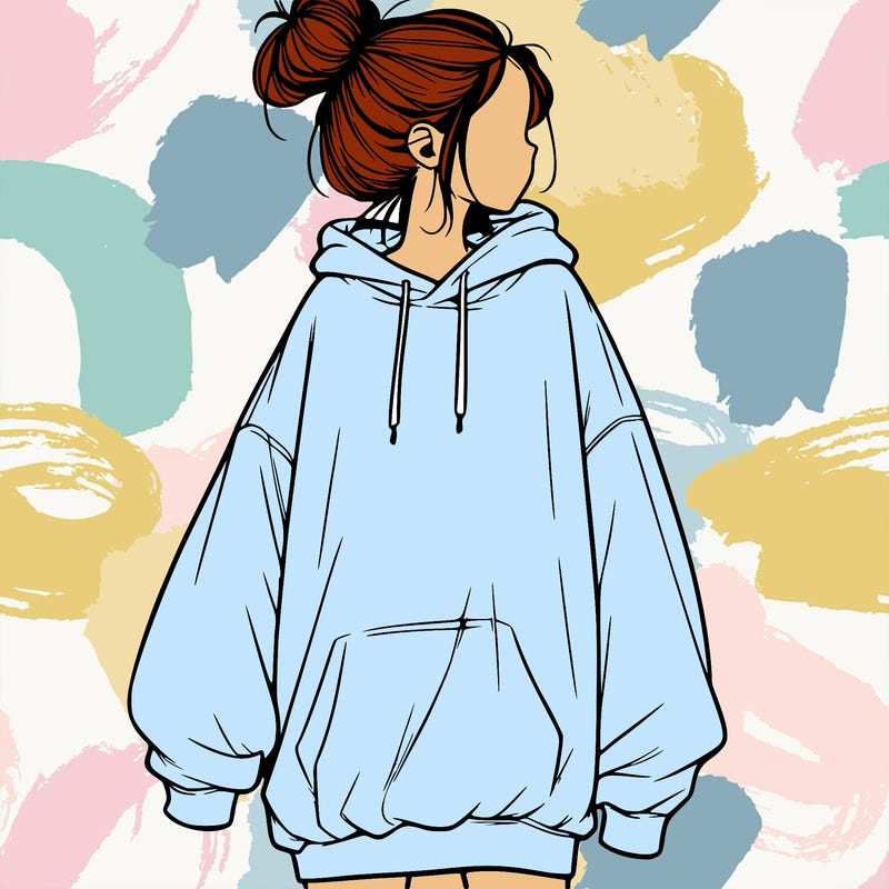 realistic girl with a oversized sweatshirt on and a bun
