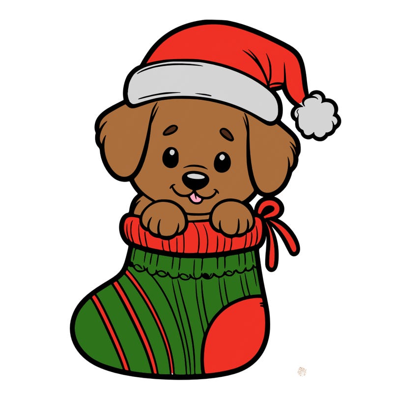 cute puppy wearing santa hat in socking