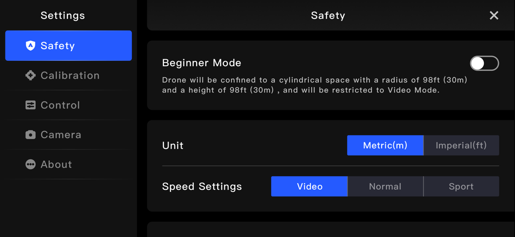 PotensicPro - Interfaz de la aplicación PotensicPro que muestra la configuración de seguridad, incluido el modo principiante y las opciones de medición de unidades