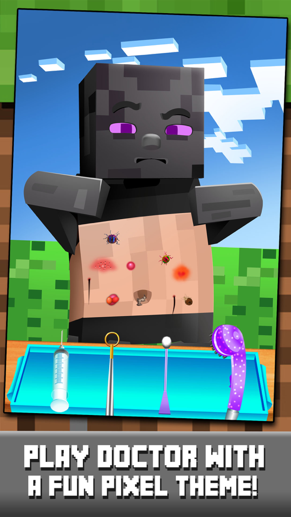 Block Doctor's Hospital Craft Salon - Pocket Mine Edition - Un personnage pixélisé se fait soigner dans un jeu de docteur en blocs, avec des outils médicaux en bas.