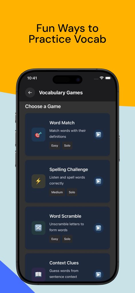 Une sélection de jeux de vocabulaire interactifs dans l'application English Mastery, y compris l'association de mots et des défis d'orthographe