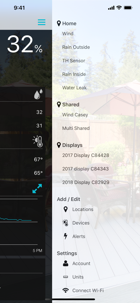 La Crosse View - Navigation menu of the La Crosse View app showing sensor locations and settings