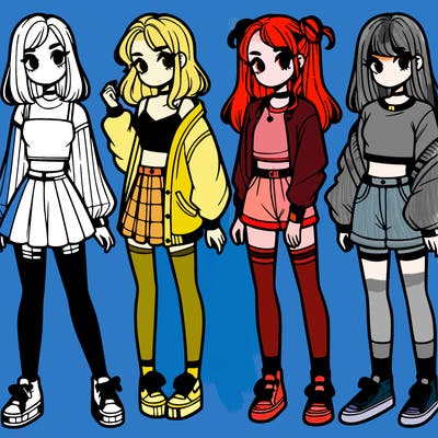 one girl with crop-top shirt and a jacket with a skirt, long socks and another girl with a shirt and pants with a jacket