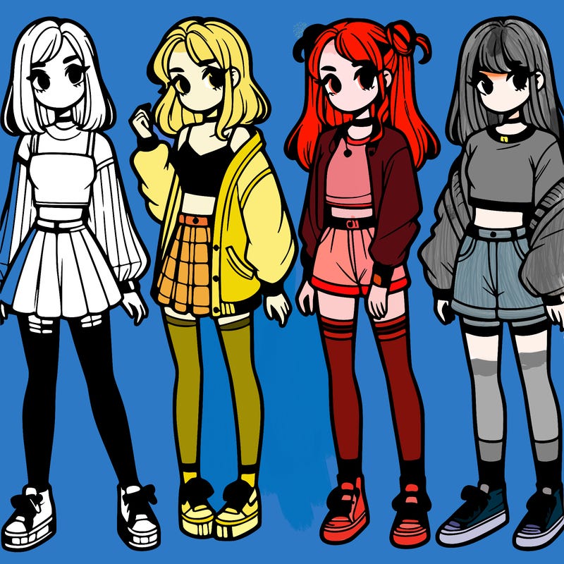 one girl with crop-top shirt and a jacket with a skirt, long socks and another girl with a shirt and pants with a jacket