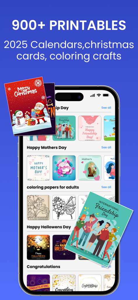 iPrint Scan Smart Printer App - Una interfaz móvil de la aplicación iPrint Scan mostrando una biblioteca de más de 900 plantillas imprimibles para tarjetas navideñas y calendarios
