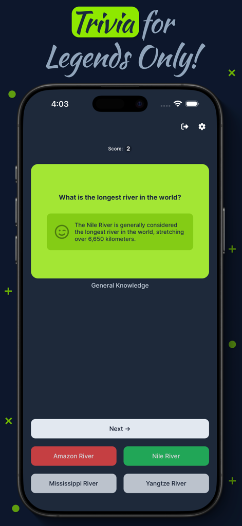 Decode Quest: Trivia Quiz Game - A general knowledge trivia question about the longest river in the world in the Decode Quest mobile app