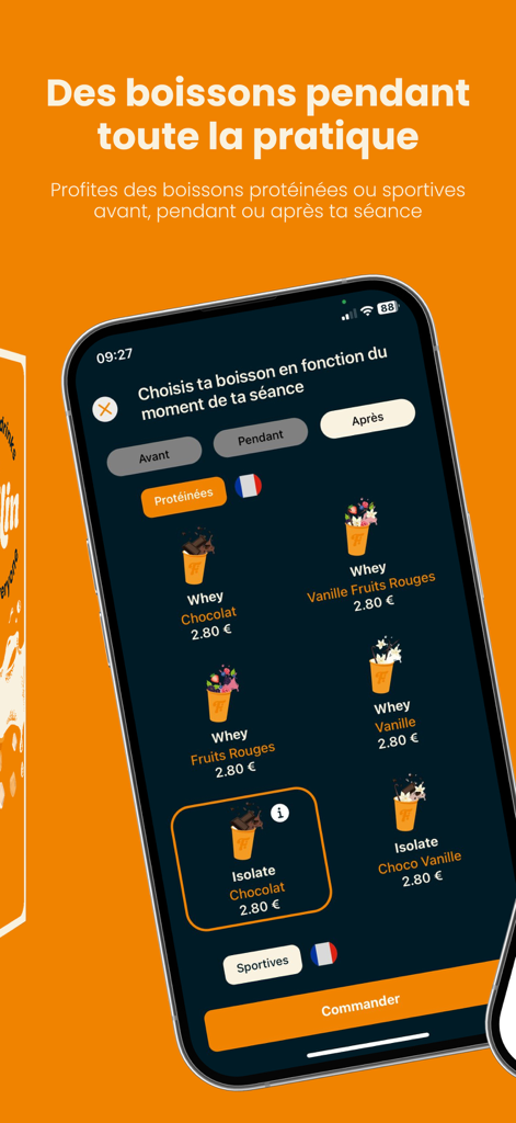 Fiilin - The Fiilin mobile app interface showing a selection of post-workout protein drinks including whey and isolate options