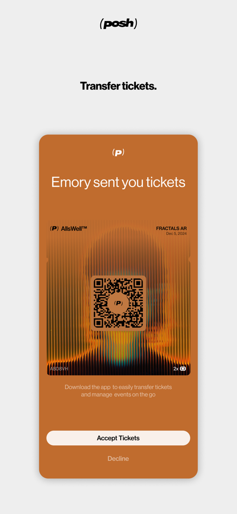Posh app interface showing a received ticket transfer with an accept button