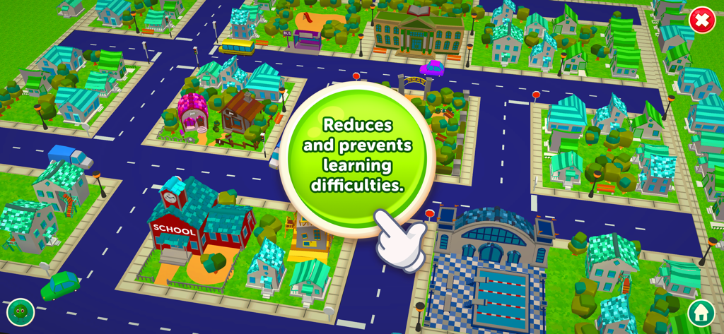 Un mapa de ciudad 3D colorido en la aplicación Madam Word con un mensaje sobre la prevención de dificultades de aprendizaje.