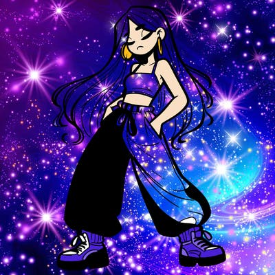 girl in baggy pants crop top and long hair