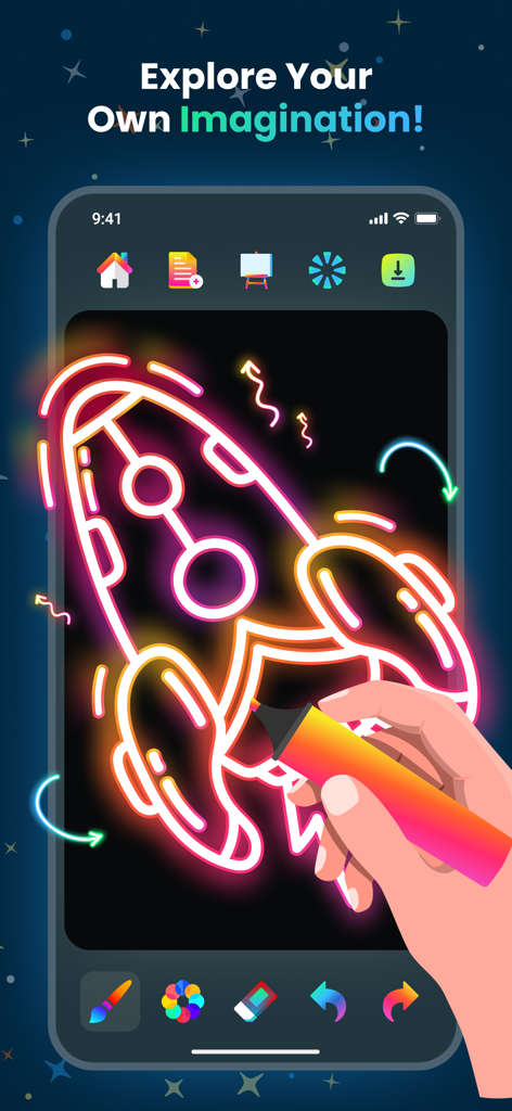 Hand drawing a glowing neon rocket ship in the Doodle Magic app interface