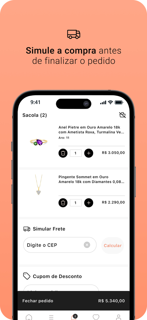 Vivara - Shopping bag interface in the Vivara mobile app showing 18k gold jewelry items and checkout options