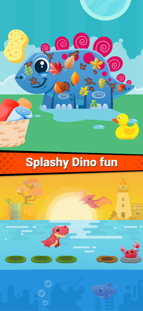 A cartoon blue dinosaur in a wash game and a red dinosaur in a jumping adventure