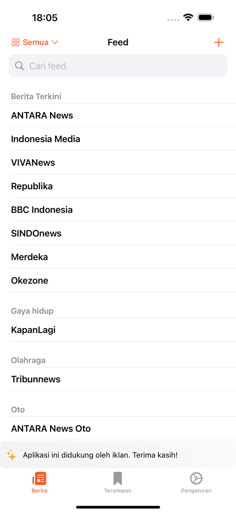 Interface of the Indonesia Berita News app showing a list of Indonesian news sources organized by categories like current news, lifestyle, and sports.
