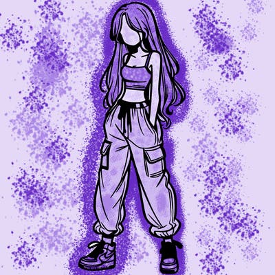 girl in baggy pants crop top and long hair