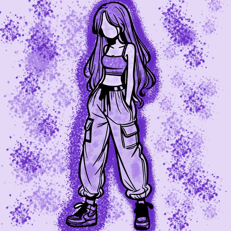 girl in baggy pants crop top and long hair