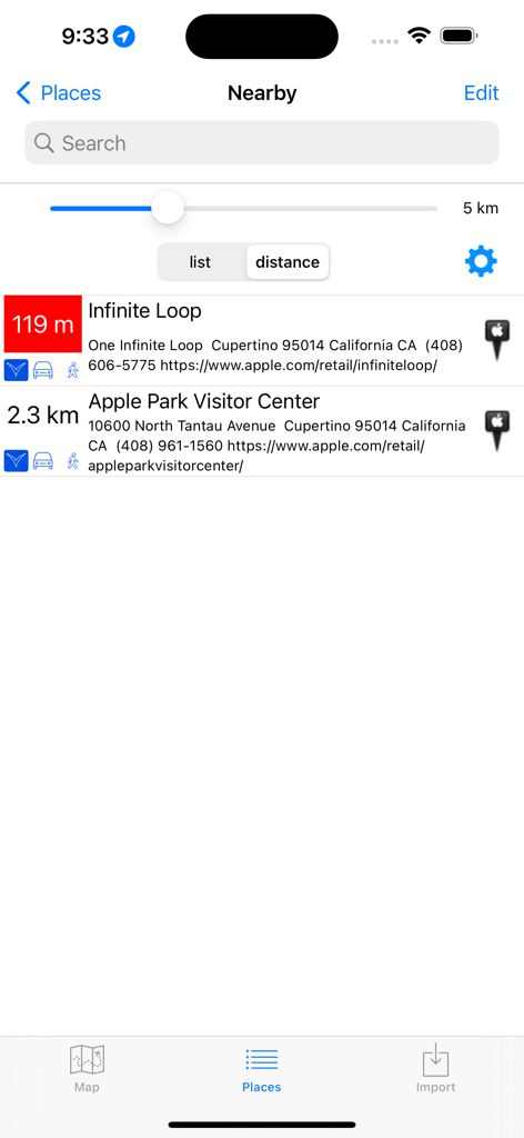 POIViewer - POIViewer app nearby places list showing distance and location details