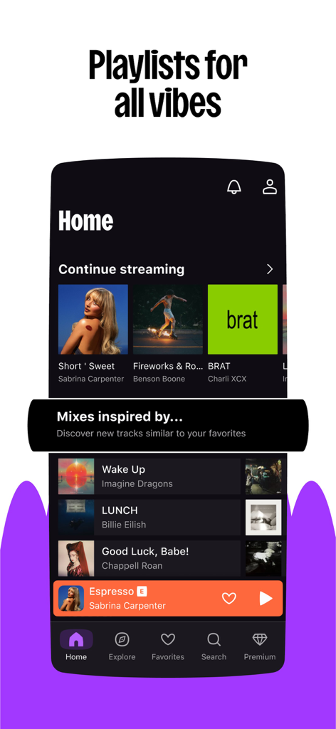 Deezer mobile app interface showing the home screen with personalized music playlists and a playback bar