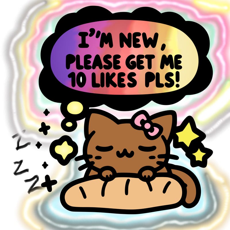 kitty taking a nap dream talking and saying "i'm new, please get me at least 10 likes pls!!"