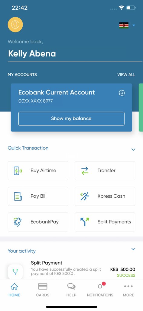 Ecobank Mobile App - The home dashboard of the Ecobank Mobile App showing account details and quick transaction buttons like Buy Airtime and Transfer.