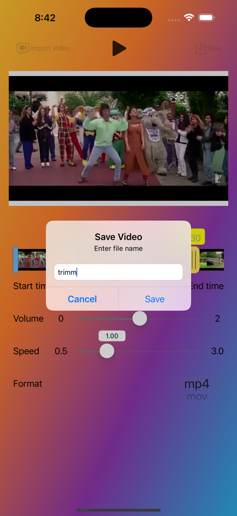 Video Cutter - VidTrim - Interface of the Video Cutter - VidTrim app showing a Save Video dialog box to enter a custom file name over editing controls