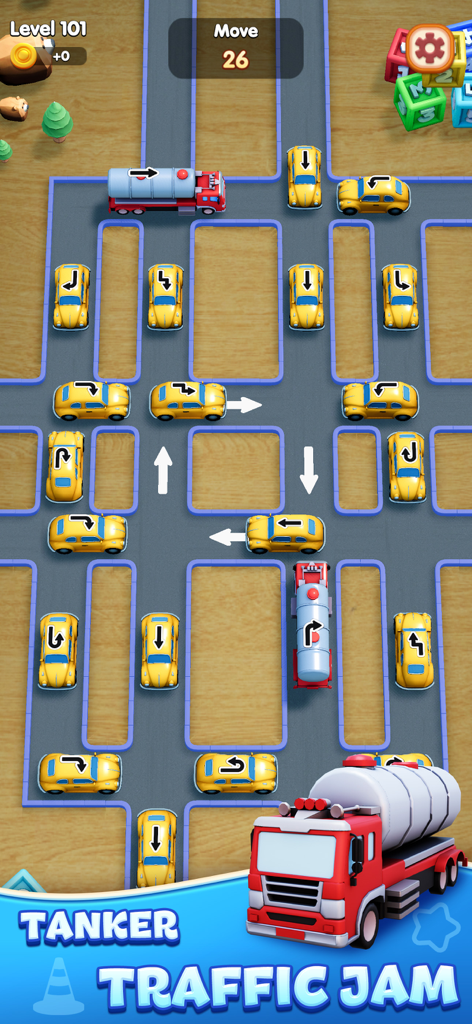 Toy Car: Traffic Jam - Gameplay screenshot of Toy Car Traffic Jam showing yellow toy cars and red tanker trucks on a road grid