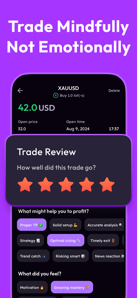 Plancana AI trading journal interface showing a trade review screen with star ratings and behavioral tracking tags like Proper TP and Motivation.