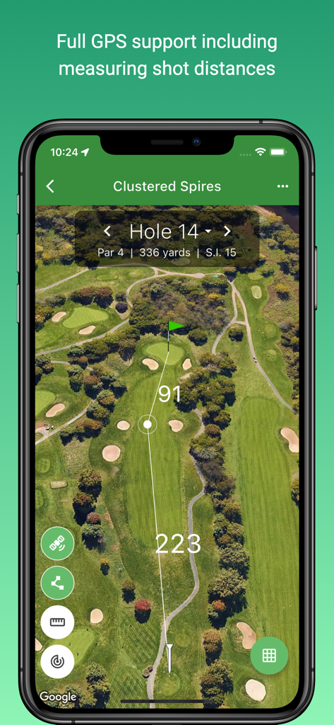 Squabbit - Golf Tournament App - Squabbit golf app showing full GPS support with satellite imagery and shot distance measurements on a golf course