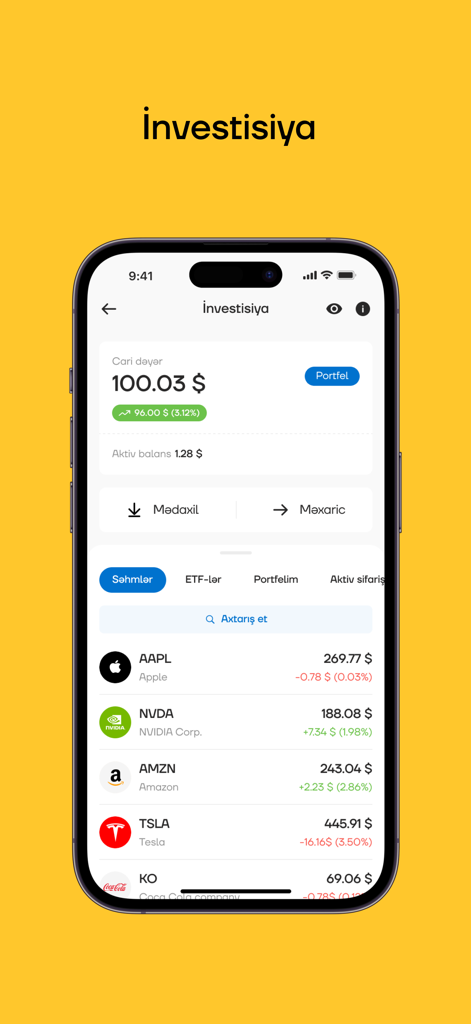 Yelo - Yelo Bank mobile app investment interface displaying account balance and a list of global stocks including Apple and Tesla