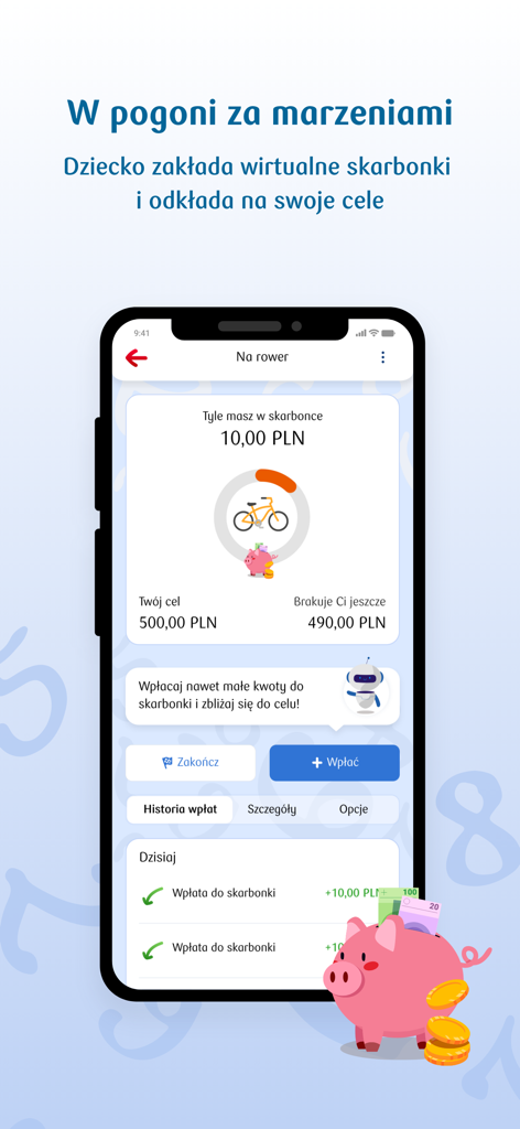 子供の自転車用の仮想貯金箱の目標を表示するPKO Juniorアプリのスクリーンショット。