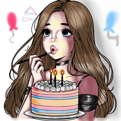 realistic girl with her hair down blowing out her birthday cake