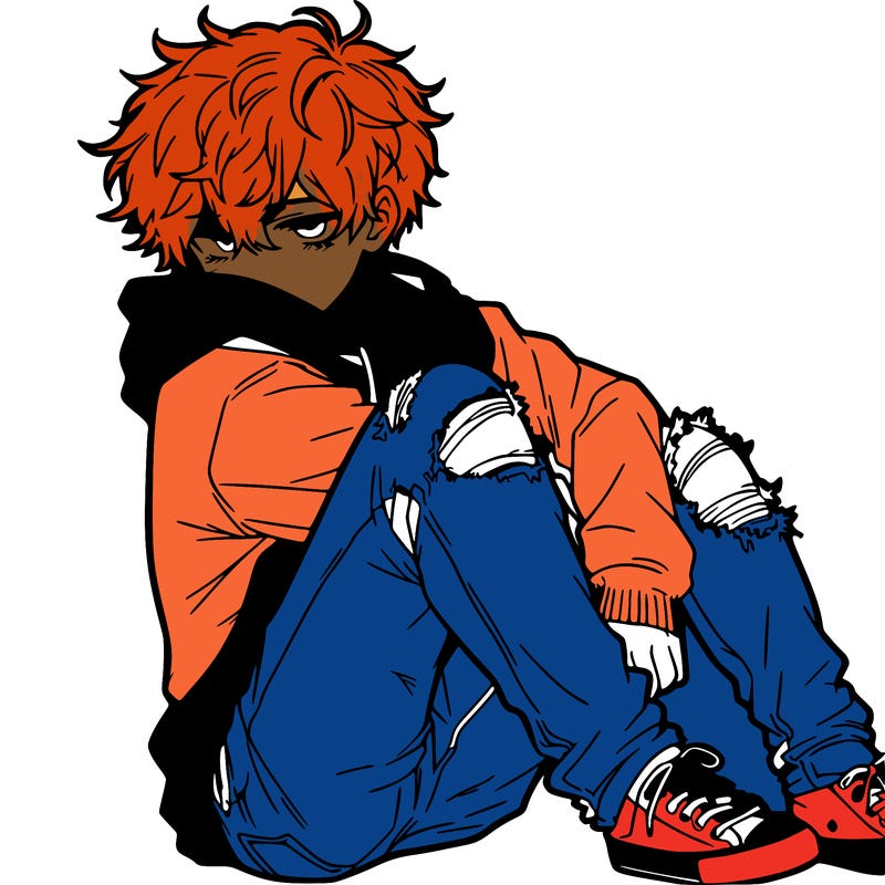 a male hoddie ripped jeans messy hair anime