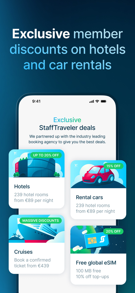StaffTraveler - Schermata dell'app StaffTraveler che mostra sconti esclusivi per i membri su hotel, noleggio auto, crociere ed eSIM per il personale aereo.
