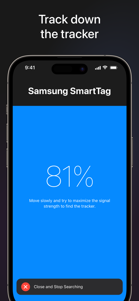 AirGuard - Tracking Protection - AirGuard app screen showing signal strength to locate a Samsung SmartTag